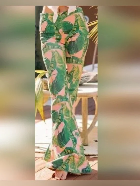 Judith March Palm Flare Pants Pink Green Tropical High Waist Bell Bottom Size S - Picture 4 of 14